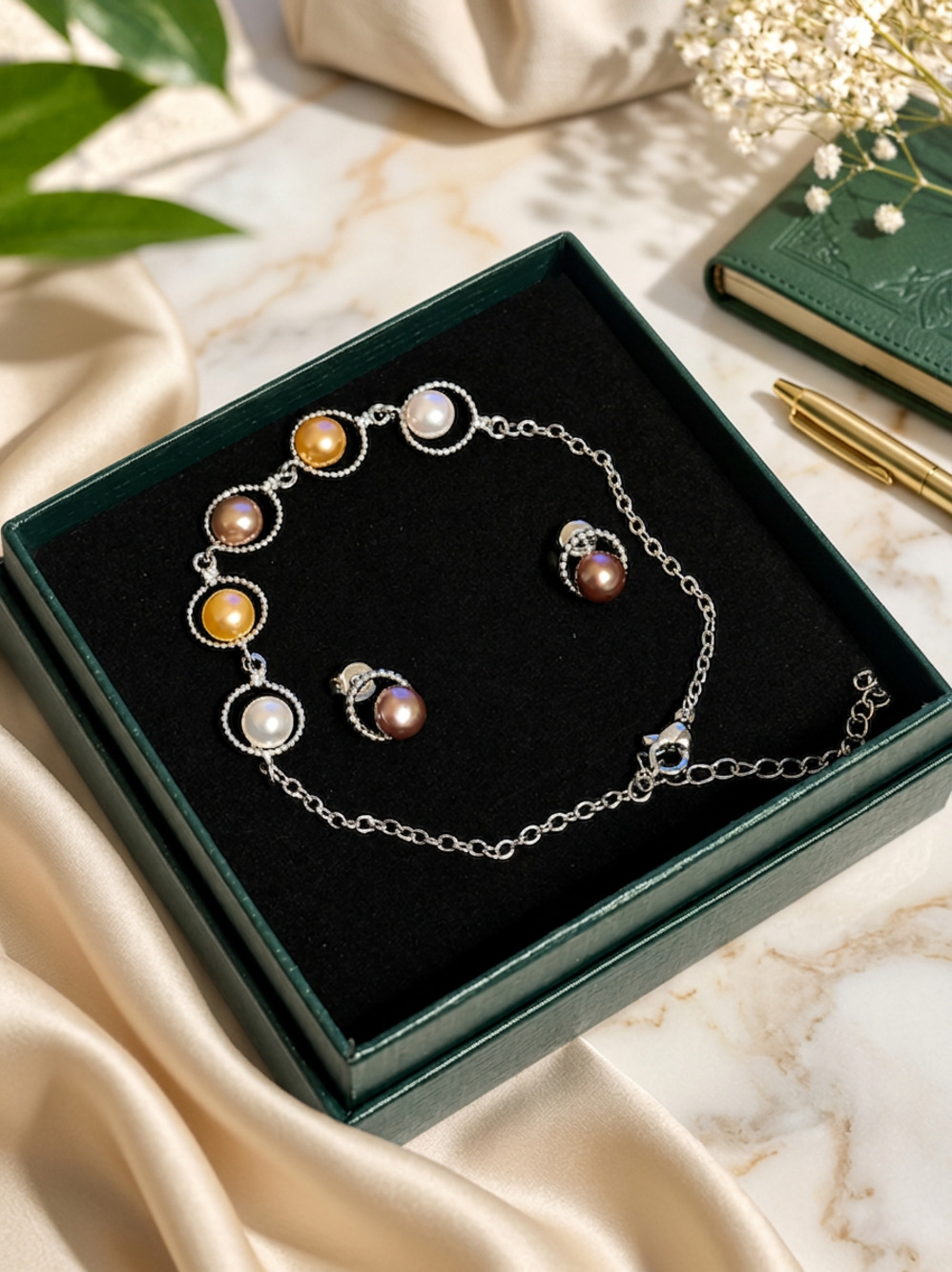 Multi-Color Cultured Pearl Bracelet and Stud Earring Set in Sterling Silver
